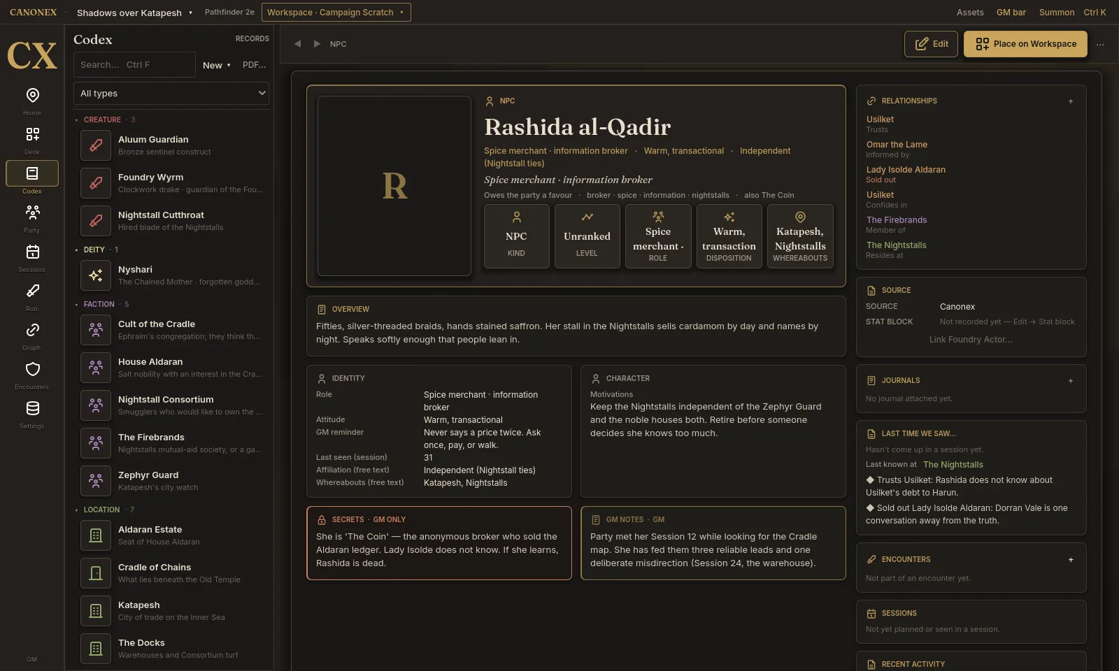 The Canonex Codex showing an NPC dossier for Rashida al-Qadir, with relationships, secrets and GM notes.