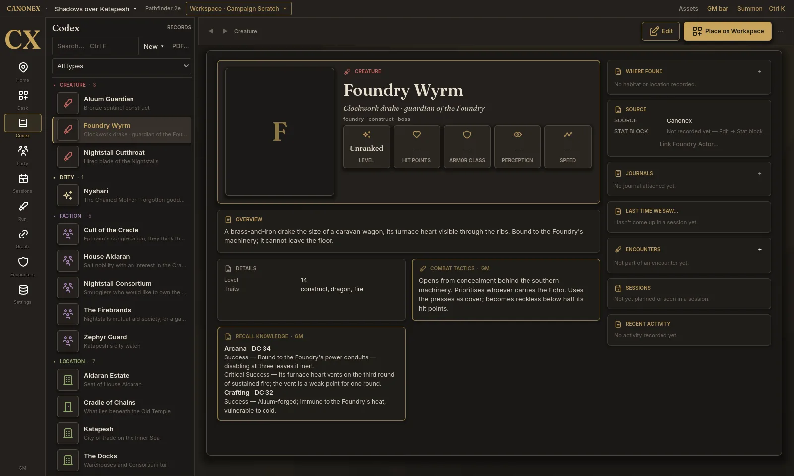 A creature sheet for the Foundry Wyrm showing combat tactics and Recall Knowledge DCs.