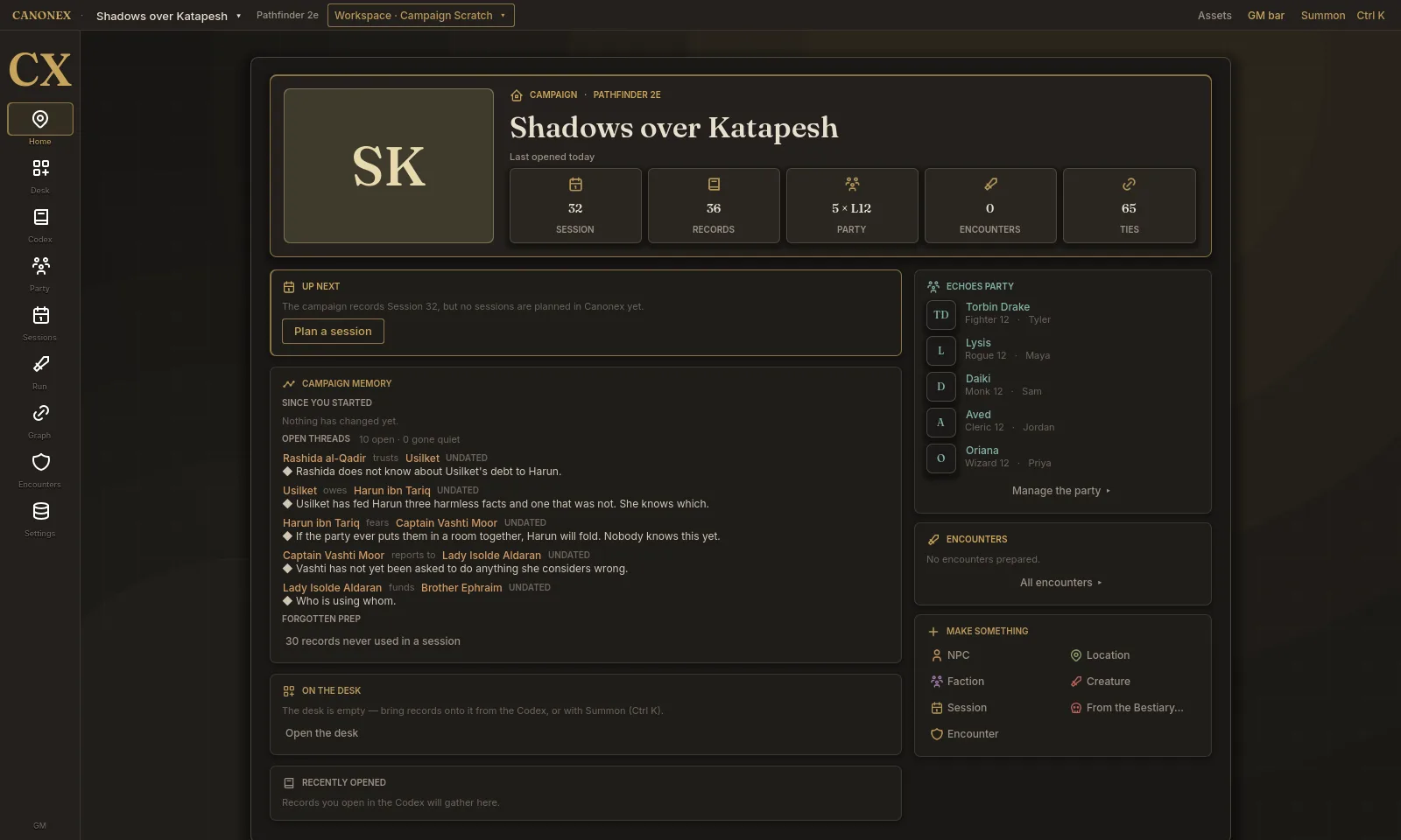 The campaign Home showing Campaign memory with open threads, the party roster and quick actions.