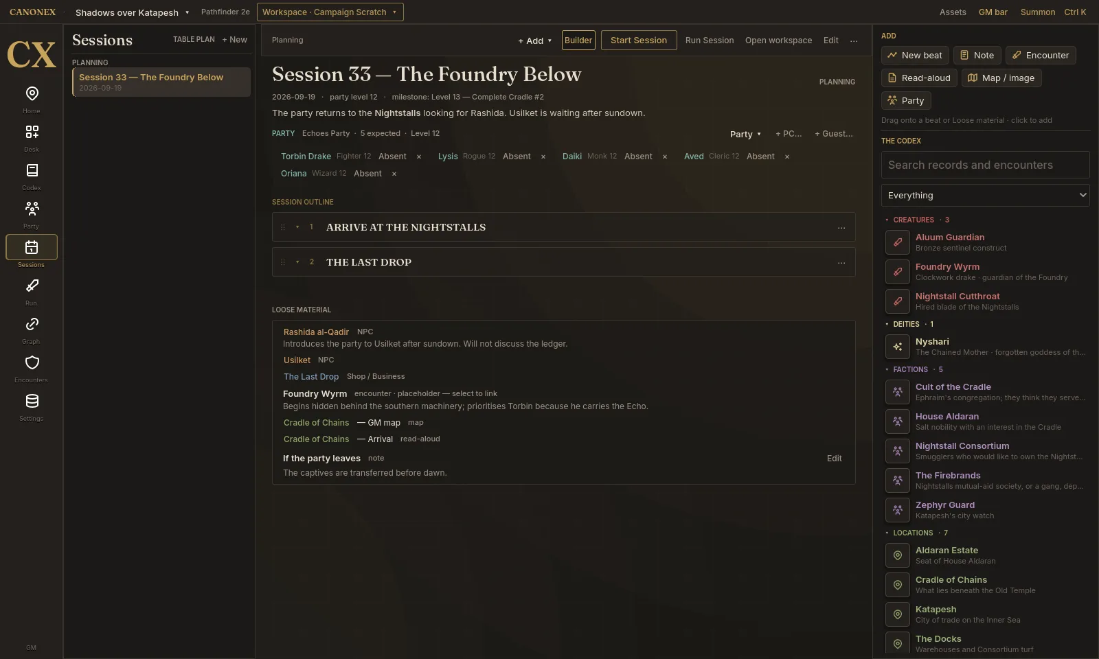 A session plan titled Session 33, The Foundry Below, with beats, expected party and loose material.